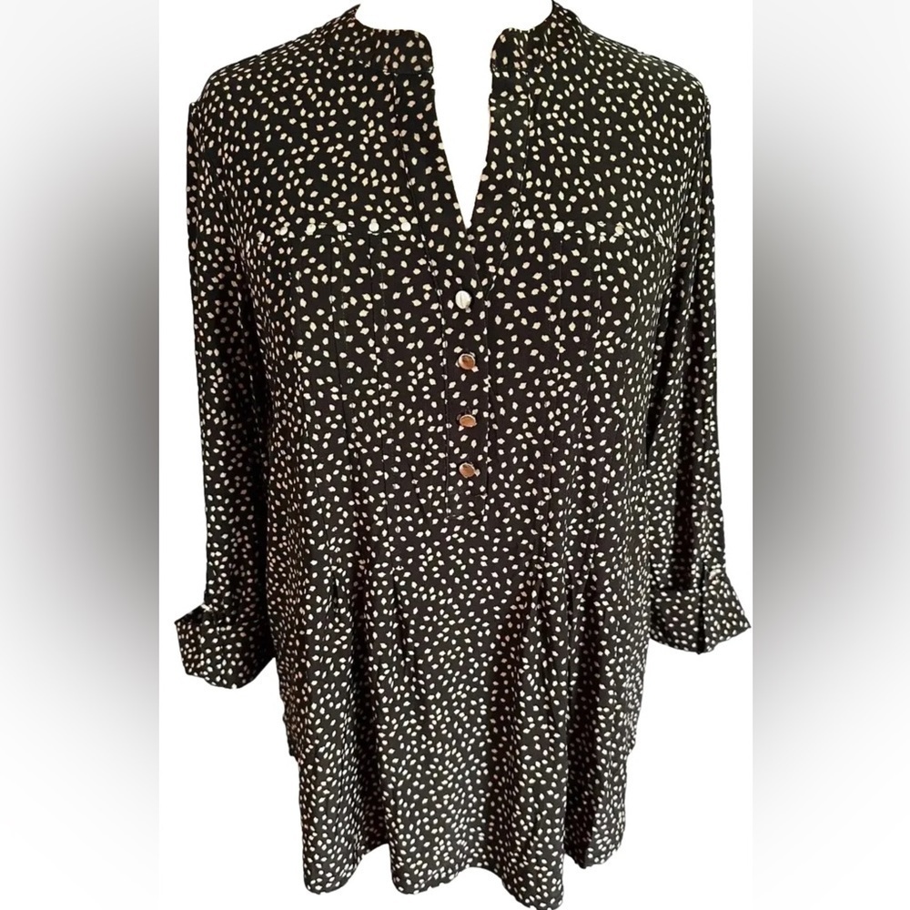 COCOMO Large Black Beige 3/4 Sleeve women's Pintuck Blouse Tunic Shirt